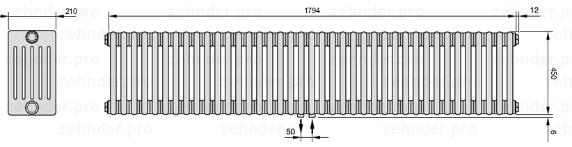 Схема (чертеж) Радиатор Zehnder Charleston 6045/39 №5410 Белый глянцевый RAL 9016